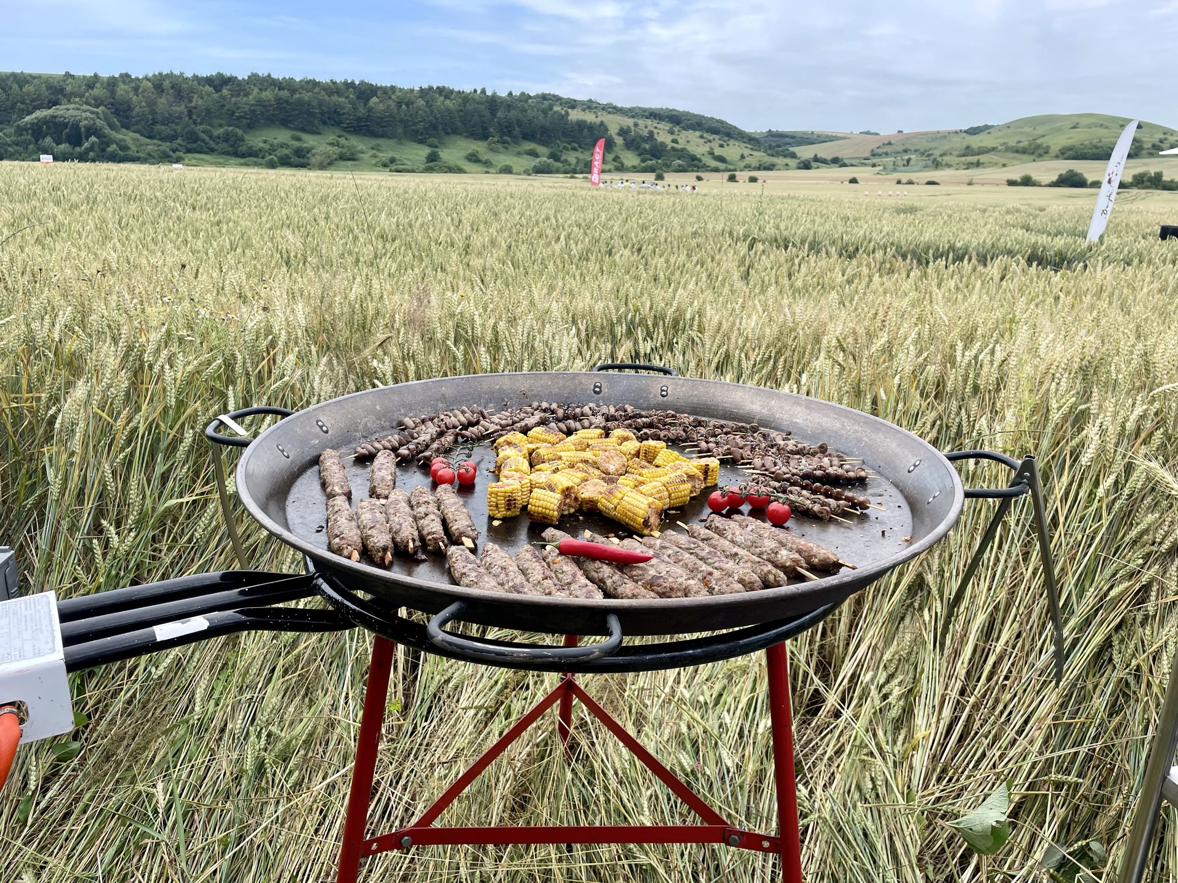 Пательня з ковбасками та кукурудзою в пшеничному полі